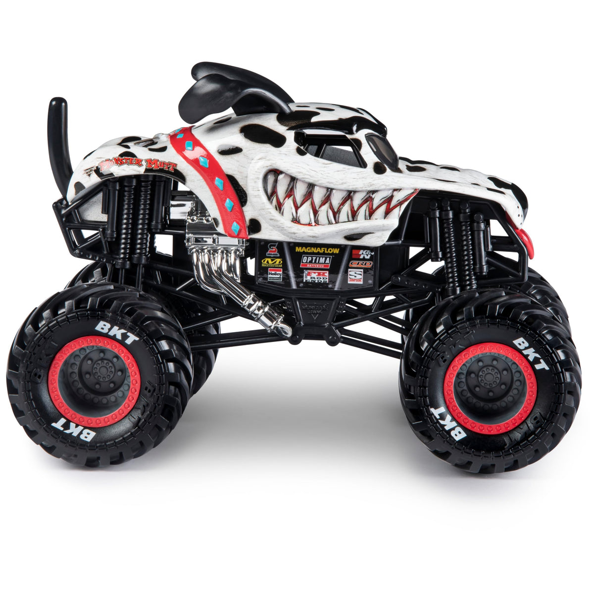 Monster Jam Dalmatian 1:24 in action, showcasing working suspension and dramatic jumps.