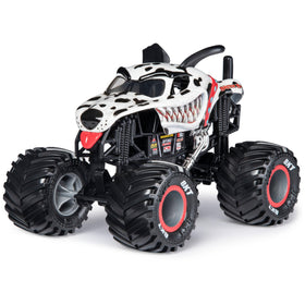 Monster Jam Official Mutt Dalmatian 1:24 rear view highlights sturdy rubber tires for traction.