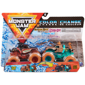 Monster Jam official Mutt Rottweiler vs Scooby Doo color-changing die-cast trucks, 1:64 scale, side view.