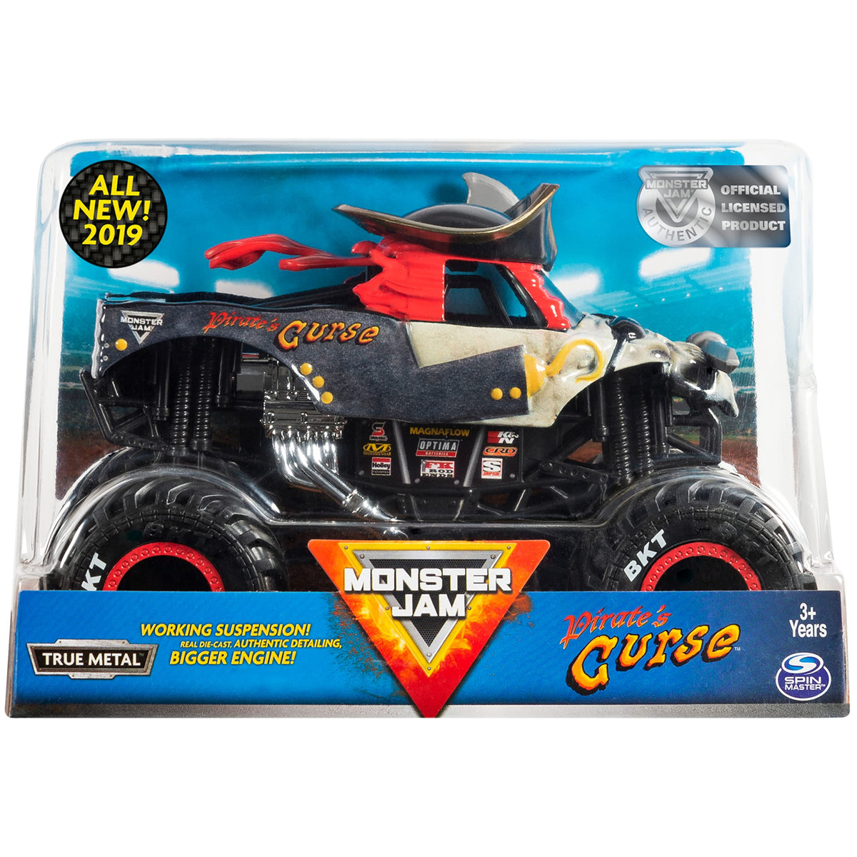 Monster Jam Pirates Curse 1:24 truck with bold graphics, ideal for display and play.