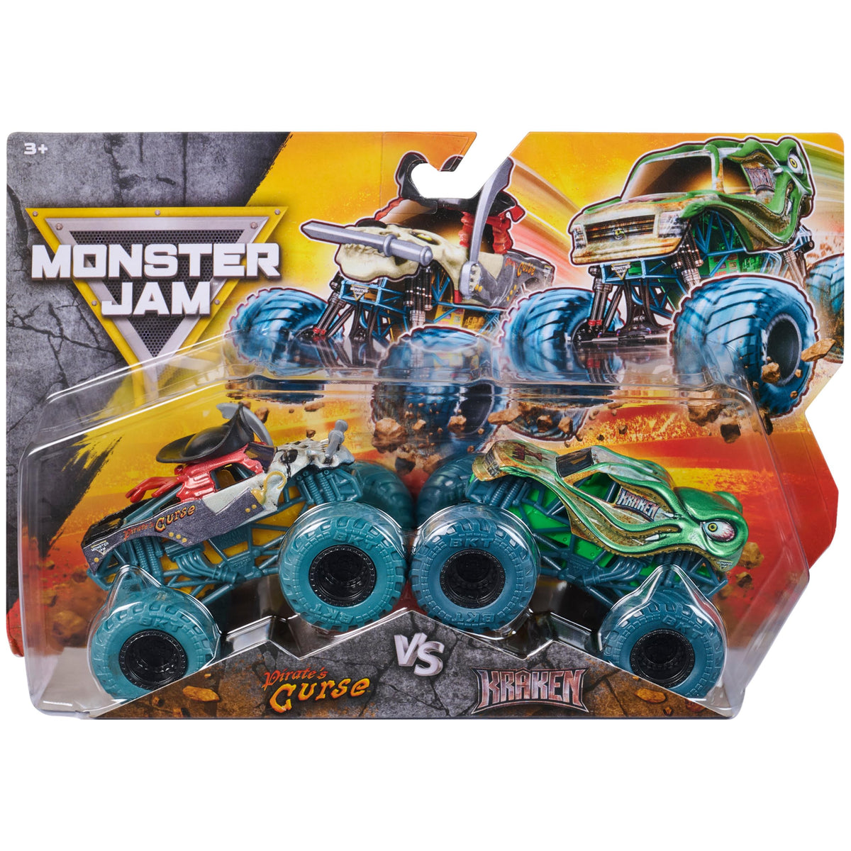Monster Jam Pirates Curse vs Kraken 1:64 scale trucks ready for action-packed battles.