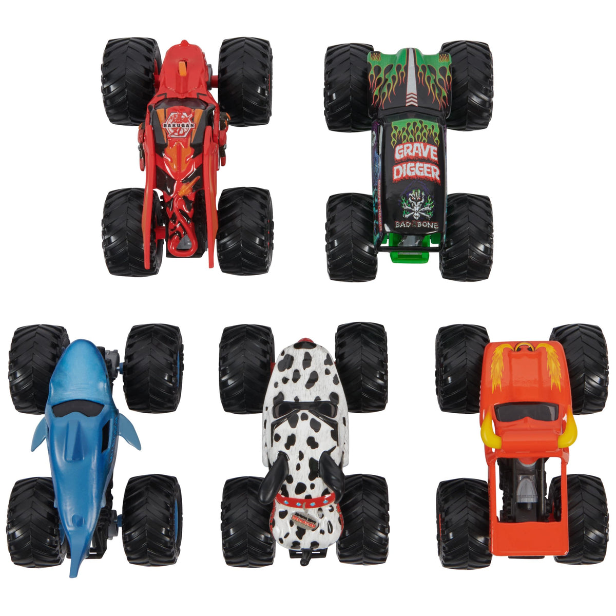 Monster Jam Pit Party 5-Pack truck lineup for eye-catching display and play.