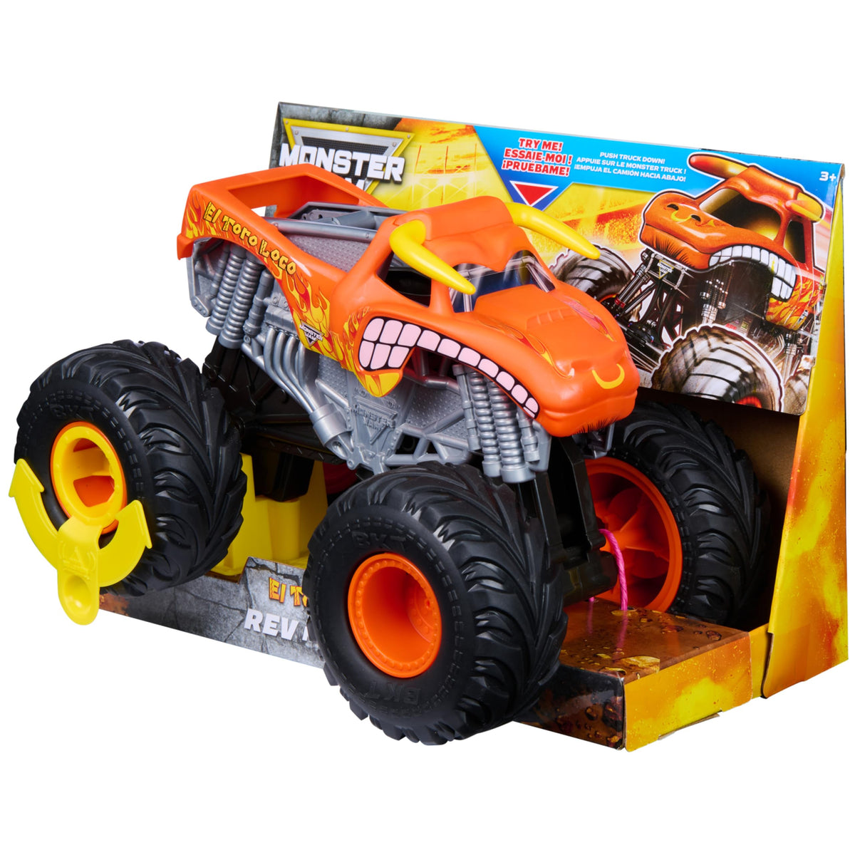 Monster Jam Rev N Roar El Toro Loco internal drive system adds interactive play value.