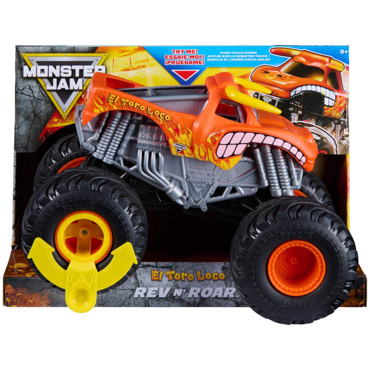 Monster Jam Rev N Roar El Toro Loco front view for realistic playtime details.