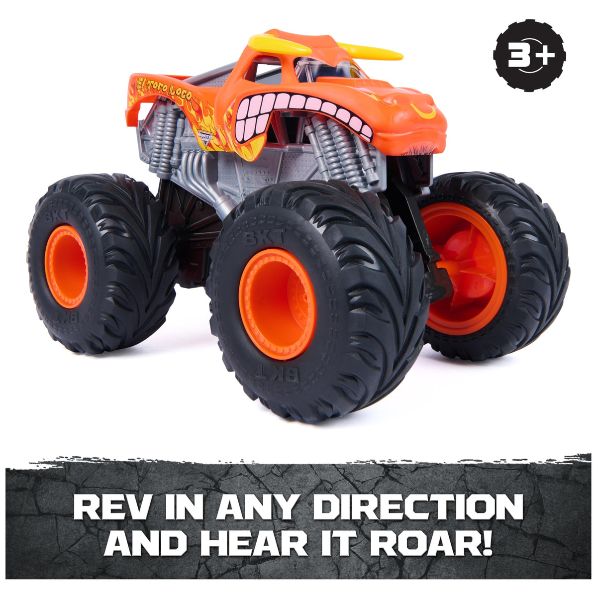 Monster Jam Rev N Roar El Toro Loco rear view highlights sturdy construction and durability.