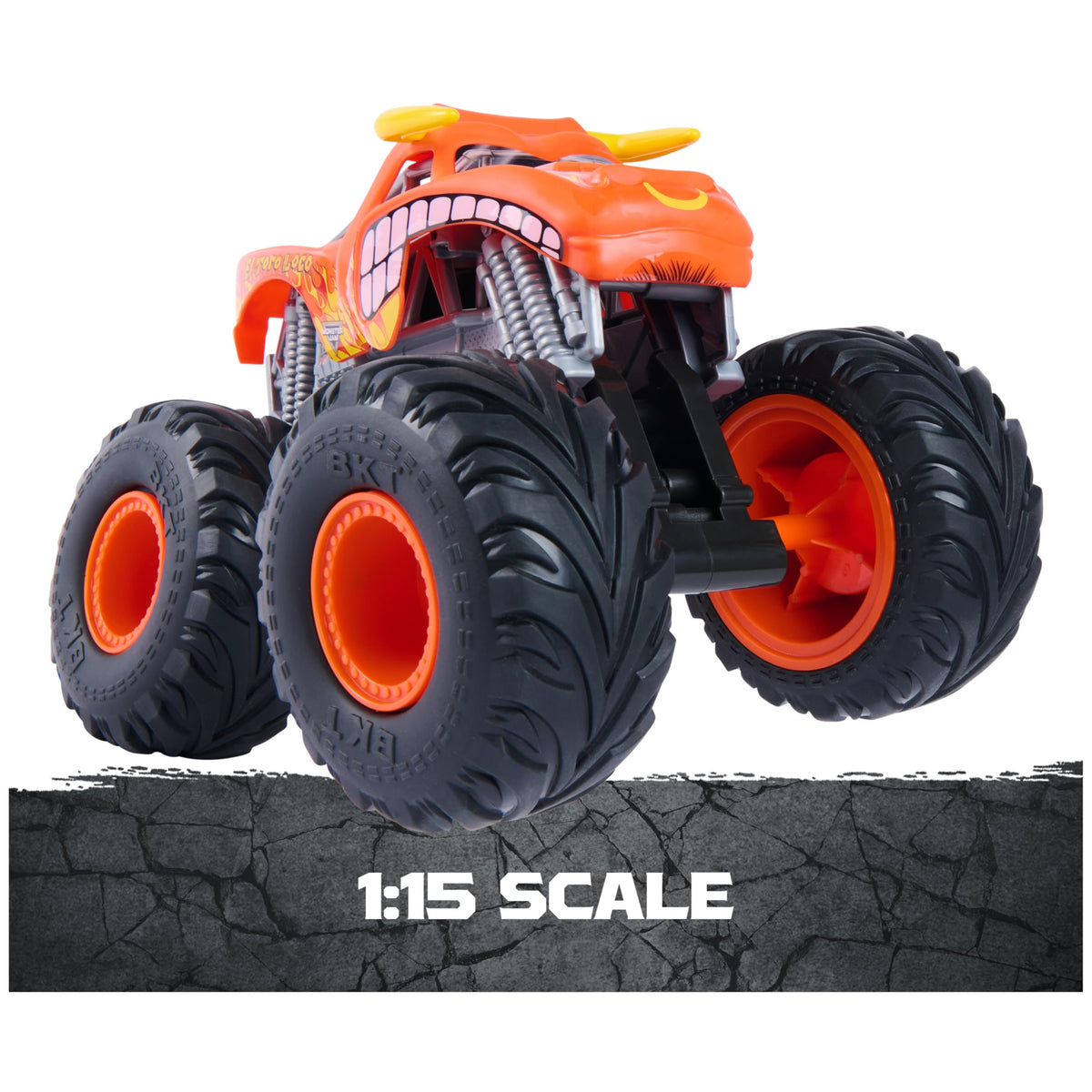 Monster Jam Rev N Roar El Toro Loco tire detail reveals rugged BKT tires.