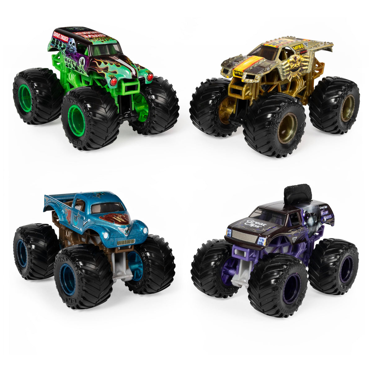 Monster Jam Reveal the Steel 4-Pack Grave Digger 1:64 scale color-change action.