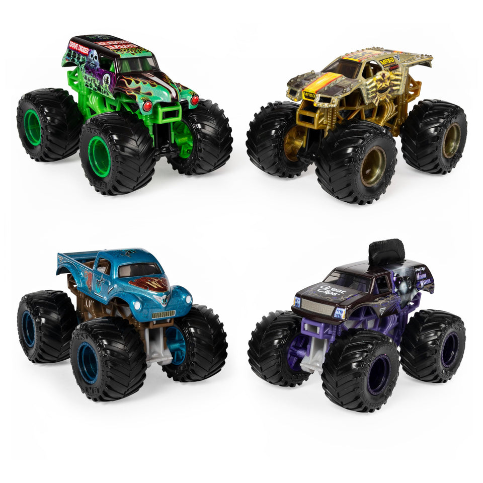 Monster Jam Reveal the Steel 4-Pack Grave Digger 1:64 scale color-change action.