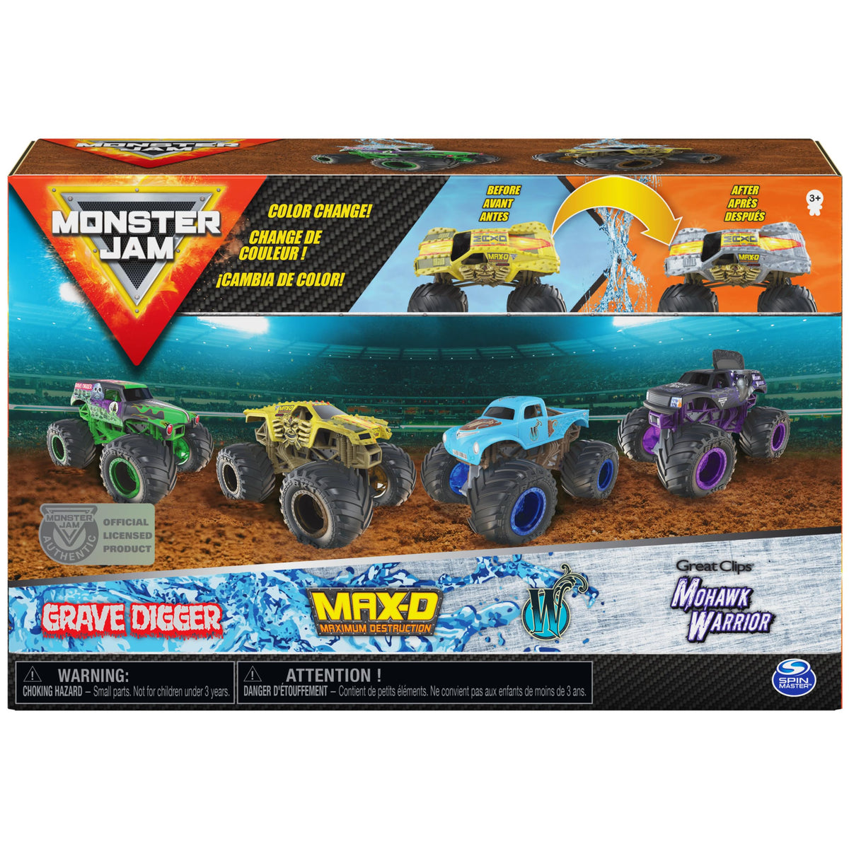 Monster Jam Reveal the Steel 4-Pack Max-D 1:64 scale color-change vehicle.