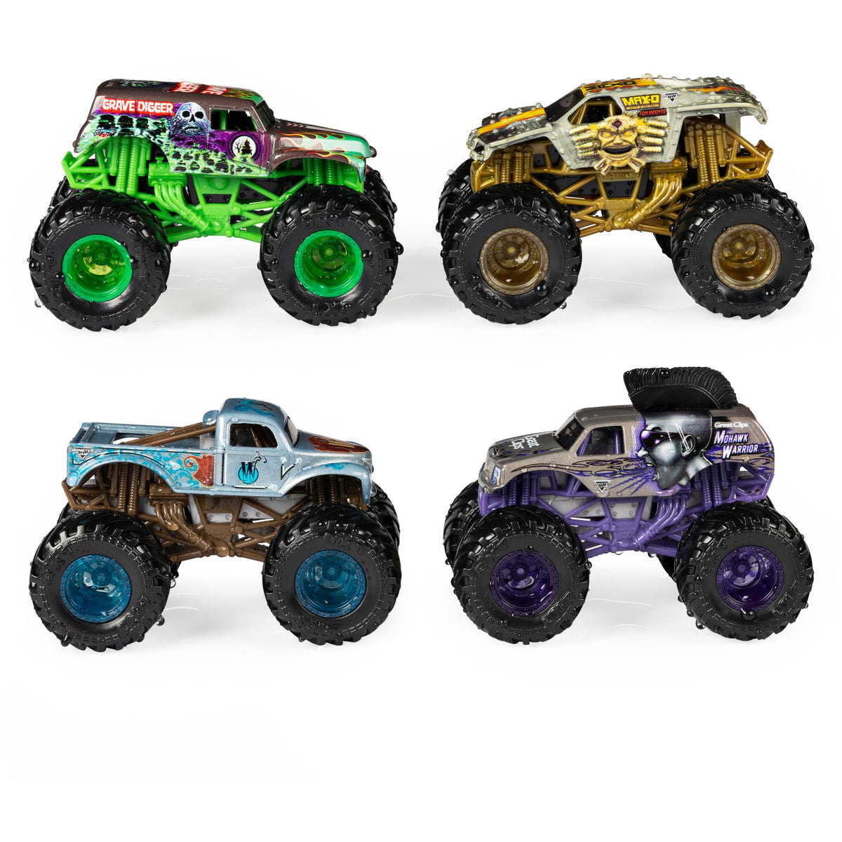 Monster Jam Reveal the Steel 4-Pack Mohawk Warrior 1:64 scale color-change toy.