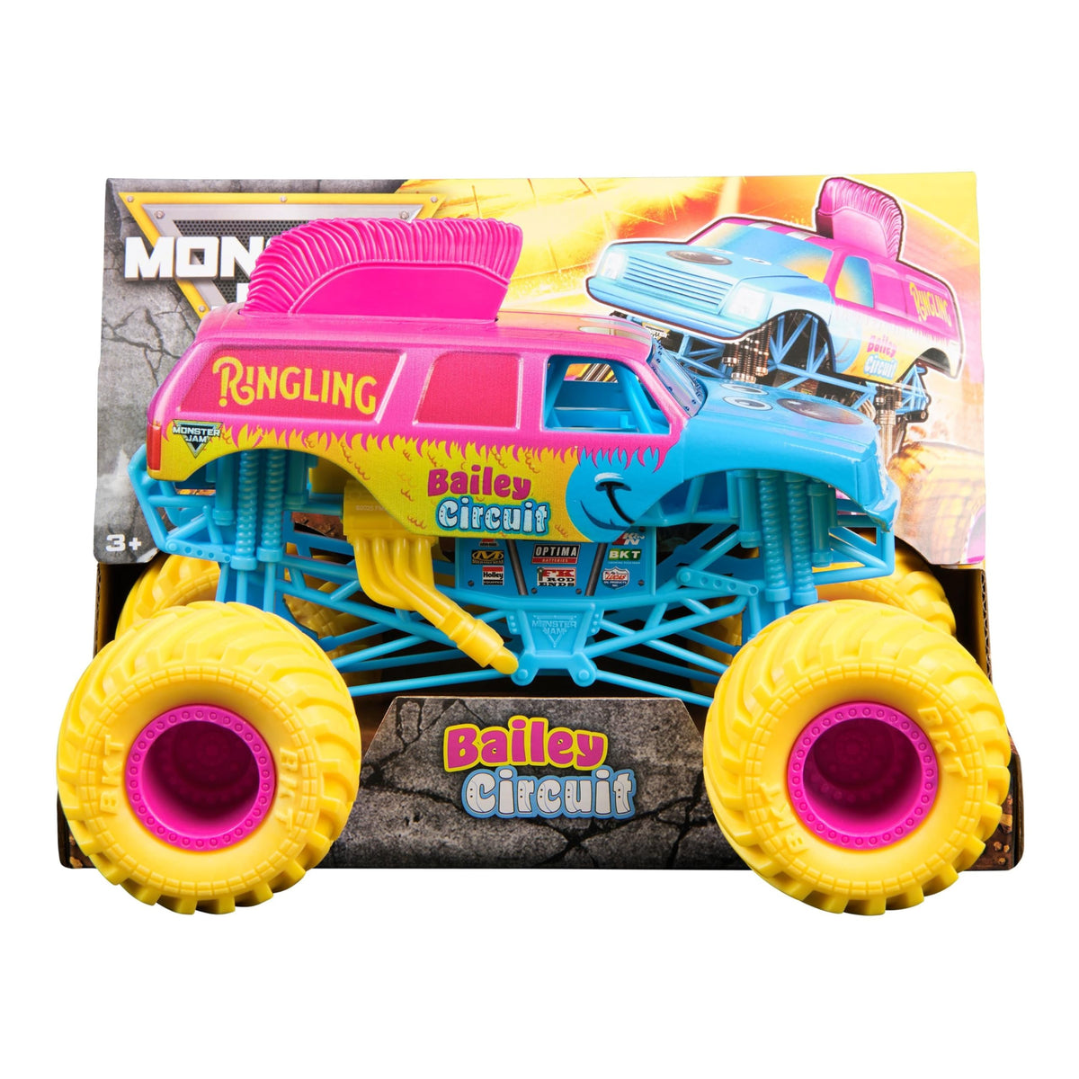 Monster Jam Ringling Bailey 1:24 truck front view highlights authentic graphics and display-ready detail