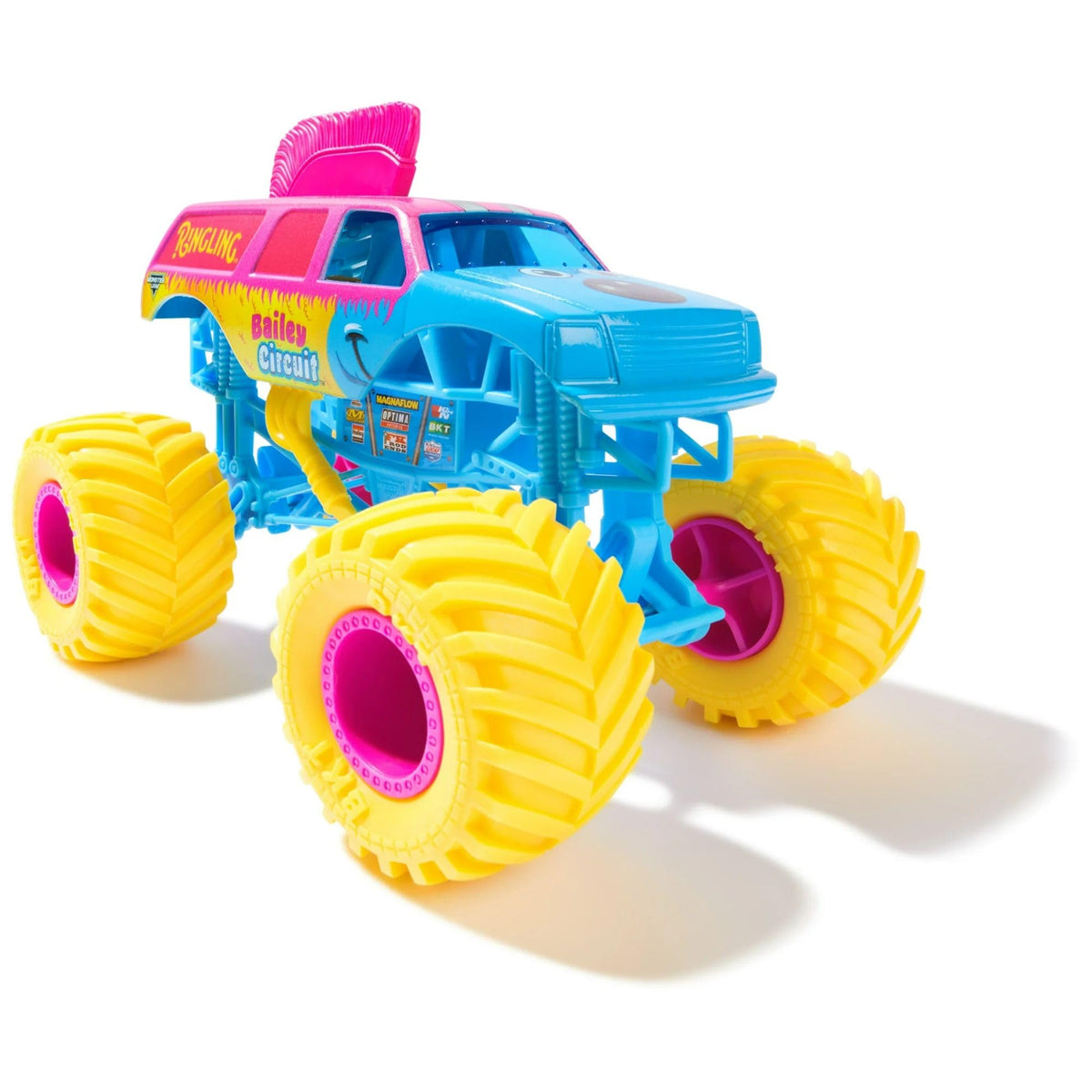 Monster Jam Ringling Bailey 1:24 tire detail shows rubber BKT tires for realistic traction