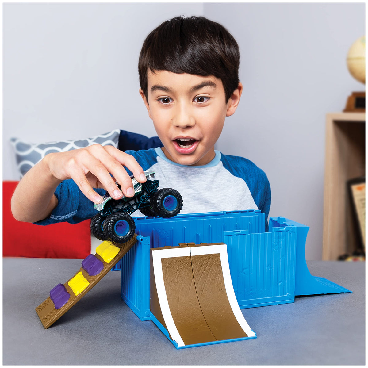 Monster Jam Ship It & Flip It foldable playset setup for easy travel