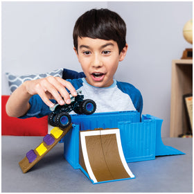Monster Jam Ship It & Flip It foldable playset setup for easy travel