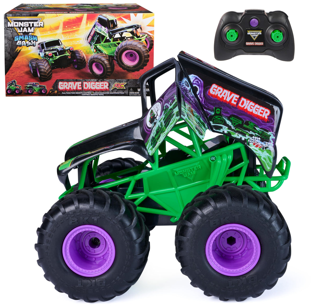Monster Jam Smash & Bash Grave Digger RC truck in action for indoor and outdoor play.