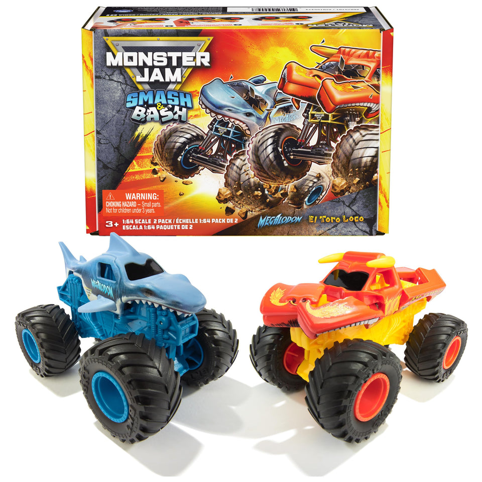 Monster Jam Megalodon Smash and Bash truck in 1:64 scale, durable die-cast for play