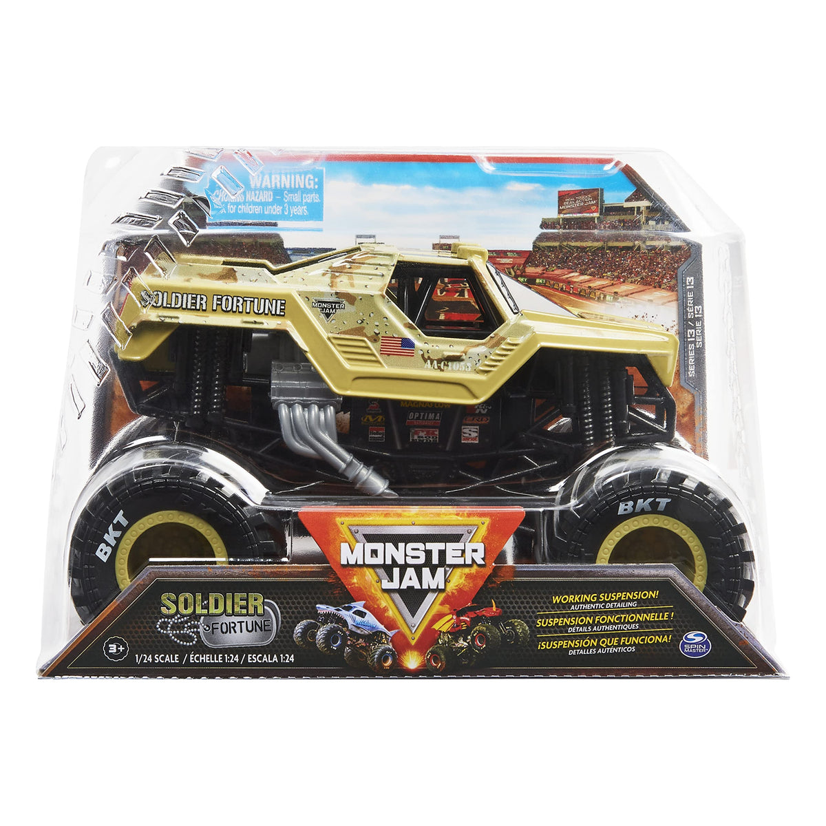 Monster Jam Soldier Fortune 1:24 truck front view showcases authentic graphics for play.