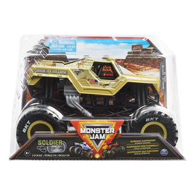 Monster Jam Soldier Fortune 1:24 truck front view showcases authentic graphics for play.