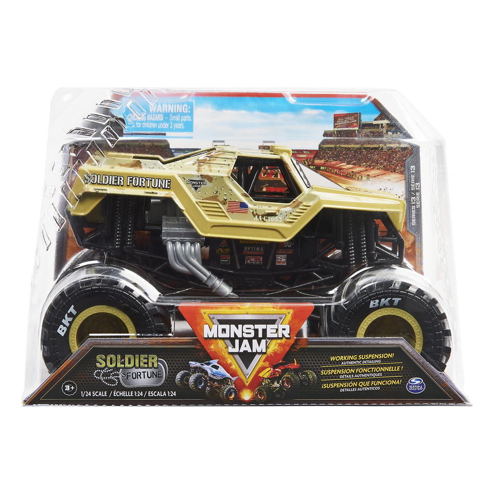 Monster Jam Soldier Fortune 1:24 truck front view showcases authentic graphics for play.