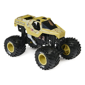 Monster Jam Soldier Fortune truck rear detail highlights rugged chassis for durability.