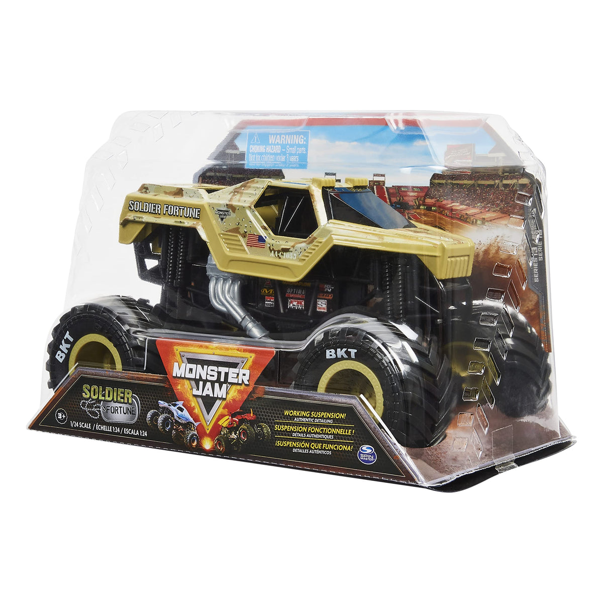 Monster Jam Soldier Fortune 1:24 truck suspension action invites dynamic, high-energy play.