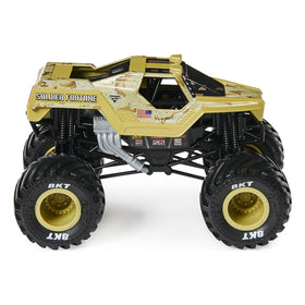 Monster Jam Soldier Fortune truck wheels and tires emphasize traction for exciting stunts.