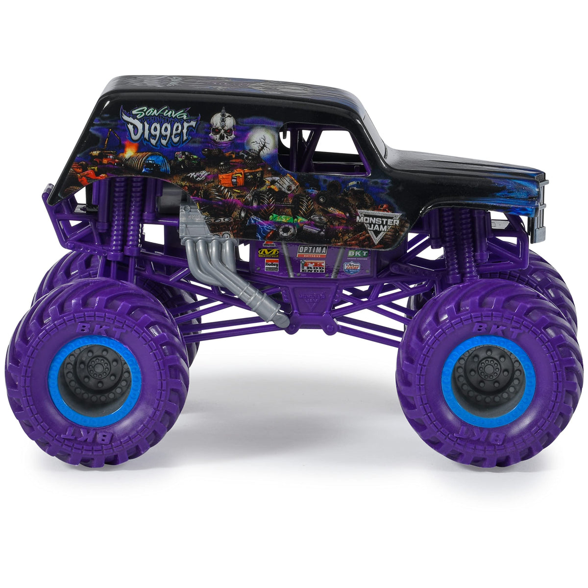 Monster Jam Son-uva Digger rubber BKT tires boost traction on varied surfaces.