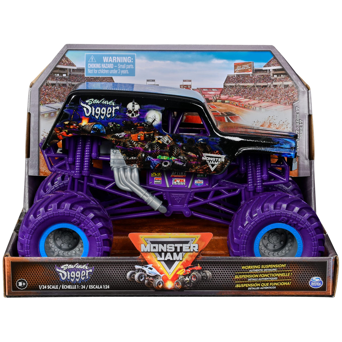 Monster Jam Son-uva Digger 1:24 front view highlights authentic details for display and play.
