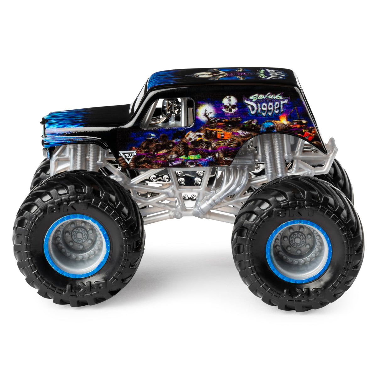 Monster Jam Son-Uva Digger 1:64 die-cast side view ready for showcase.