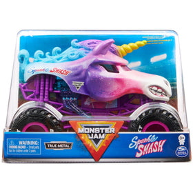 Front view of Monster Jam Sparkle Smash 1:24 truck with authentic display graphics