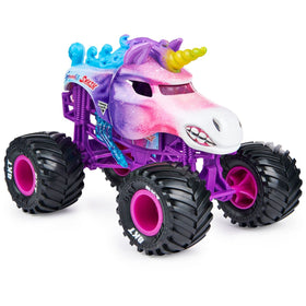 Monster Jam Sparkle Smash 1:24 shows working suspension for dynamic play