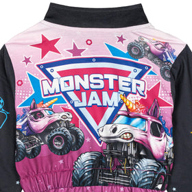 Monster Jam Sparkle Smash coverall back view showcasing vibrant ombre colors and flexible fit