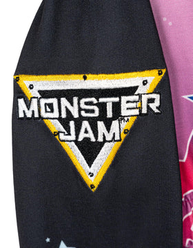 Monster Jam Sparkle Smash coverall zip-up detail highlighting easy dressing and race-style appeal