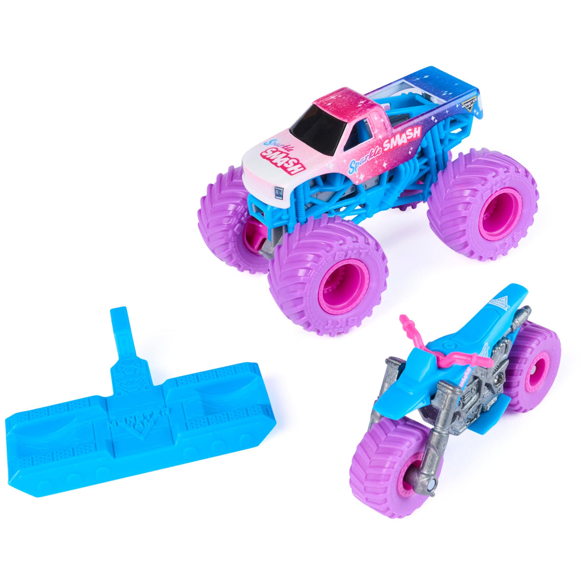 Monster Jam Sparkle Smash dirt bike included for dynamic play and tracks.