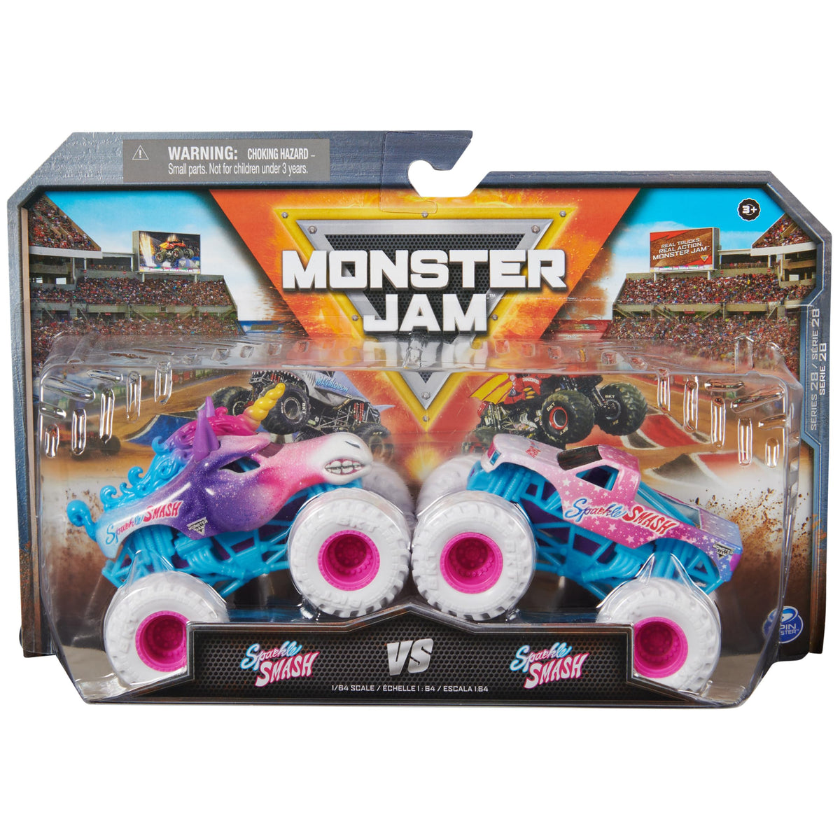 Monster Jam Sparkle Smash 1:64 Grave Digger vs Avenger for pretend race showdowns.