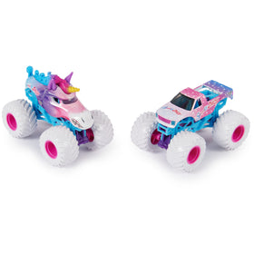 Monster Jam Sparkle Smash 1:64 Max-D vs Son-uva Digger; durable play-ready pair.