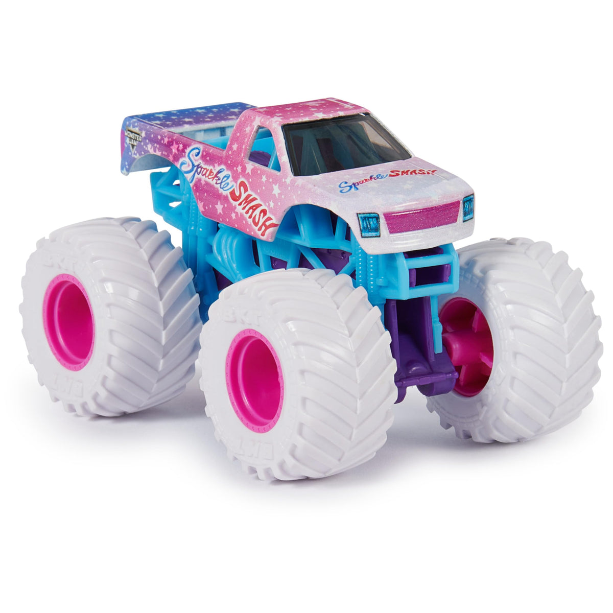 Monster Jam Sparkle Smash 1:64 official BKT tires detail; authentic look.