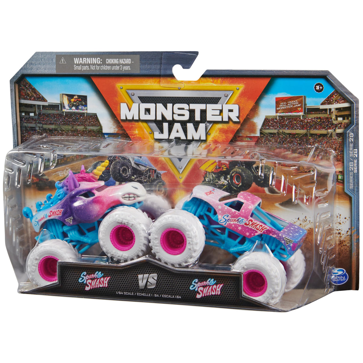 Monster Jam Sparkle Smash 1:64 scale vehicles bring live-show vibes home.