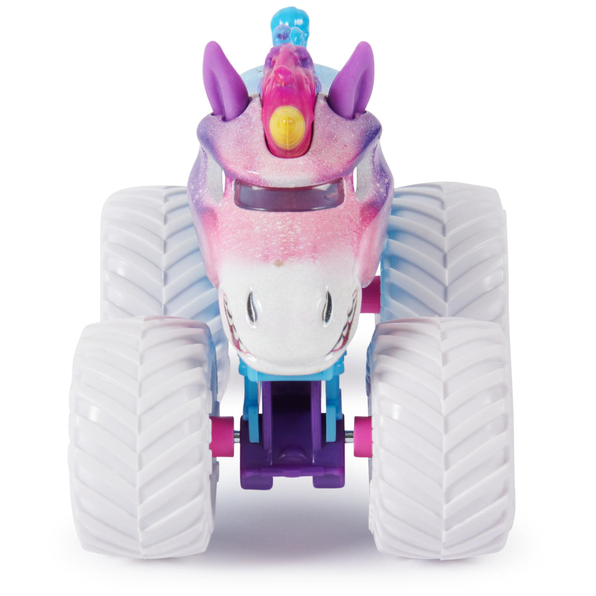 Monster Jam Sparkle Smash 1:64 stylized rims enhance display value.