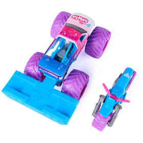 Monster Jam Sparkle Smash trailer accessory enhances play via towing and setup.