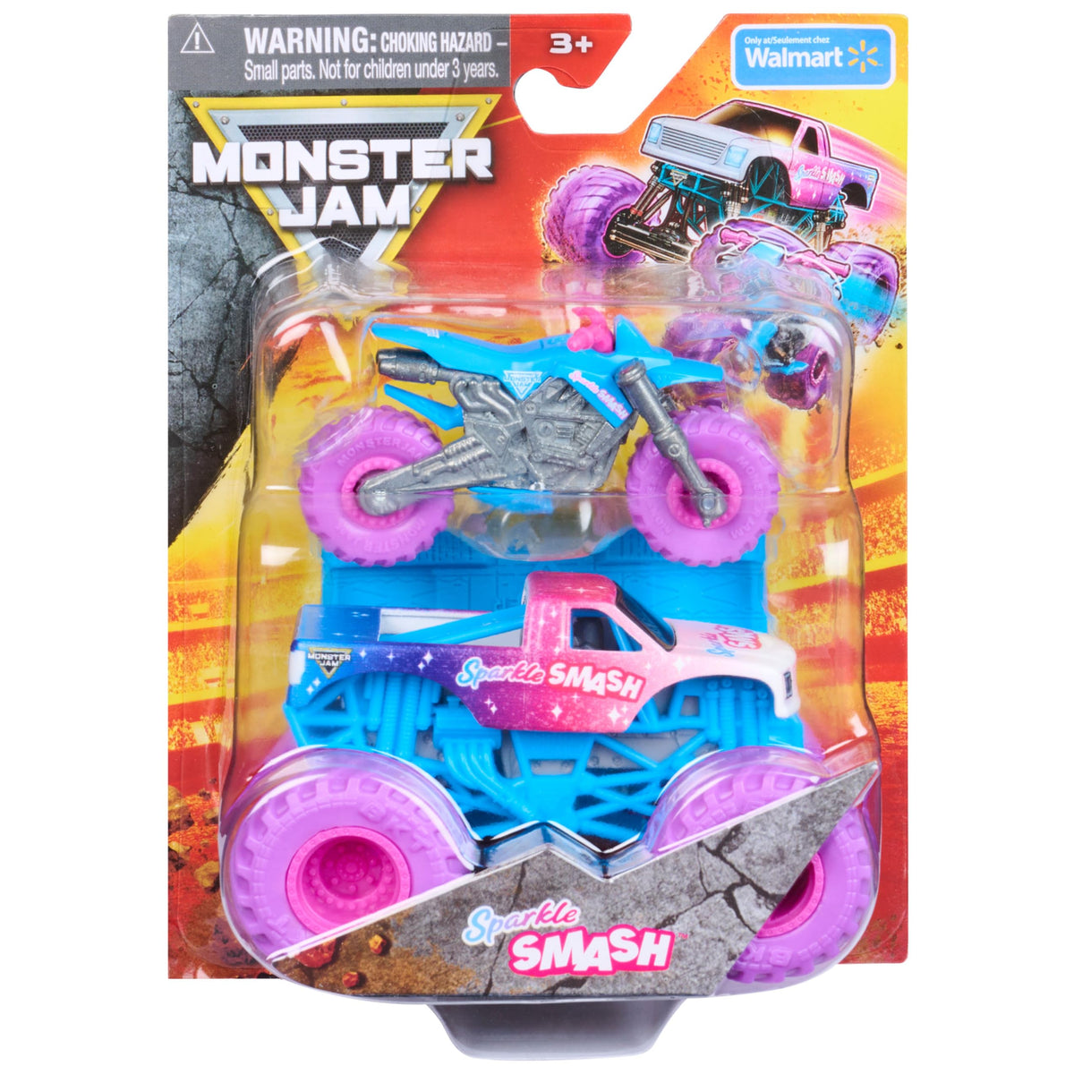 Monster Jam Sparkle Smash truck at 1:64 scale ready for stunts and collection.