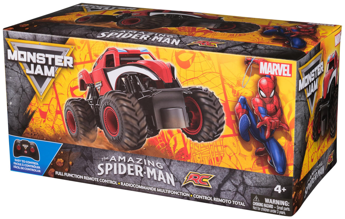 Ages 4 and up: Monster Jam Spider-Man RC truck for young drivers