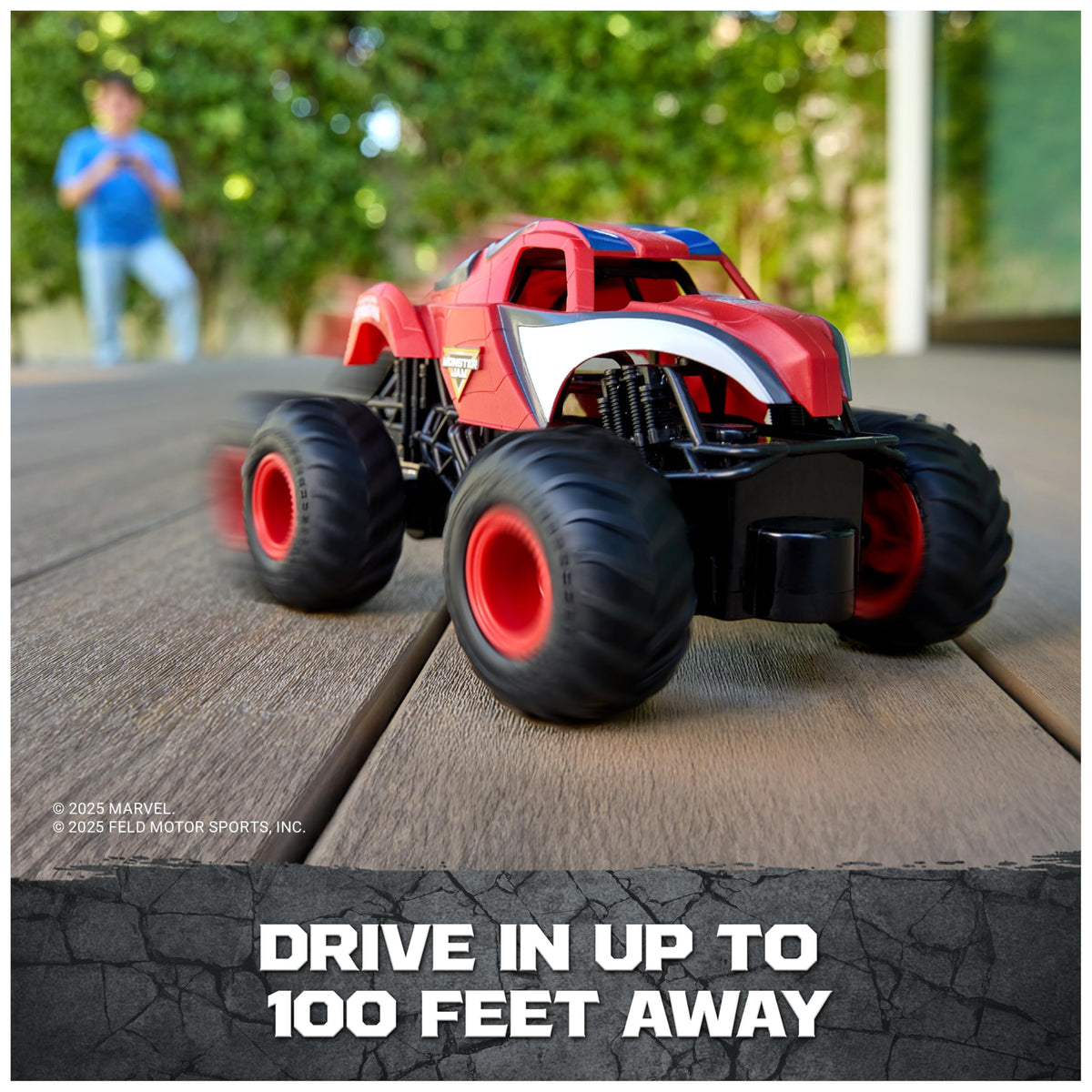 Outdoor-ready Monster Jam Spider-Man RC truck on pavement surface