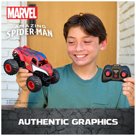 Spider-Man striped side view of Monster Jam truck highlights bold design