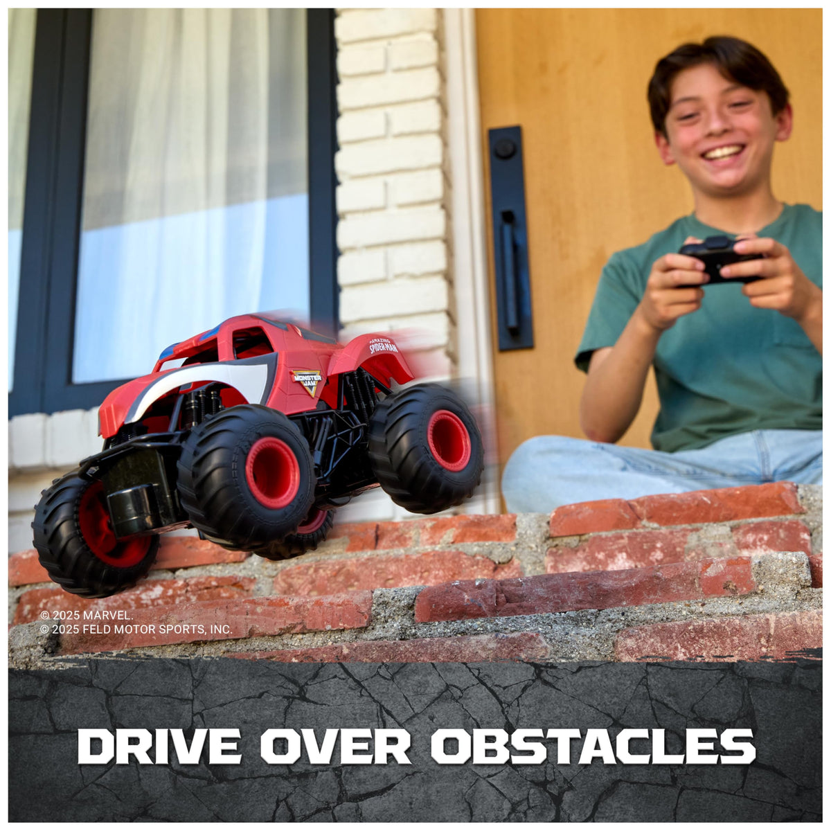Working lights on Monster Jam Spider-Man truck enhance nighttime play