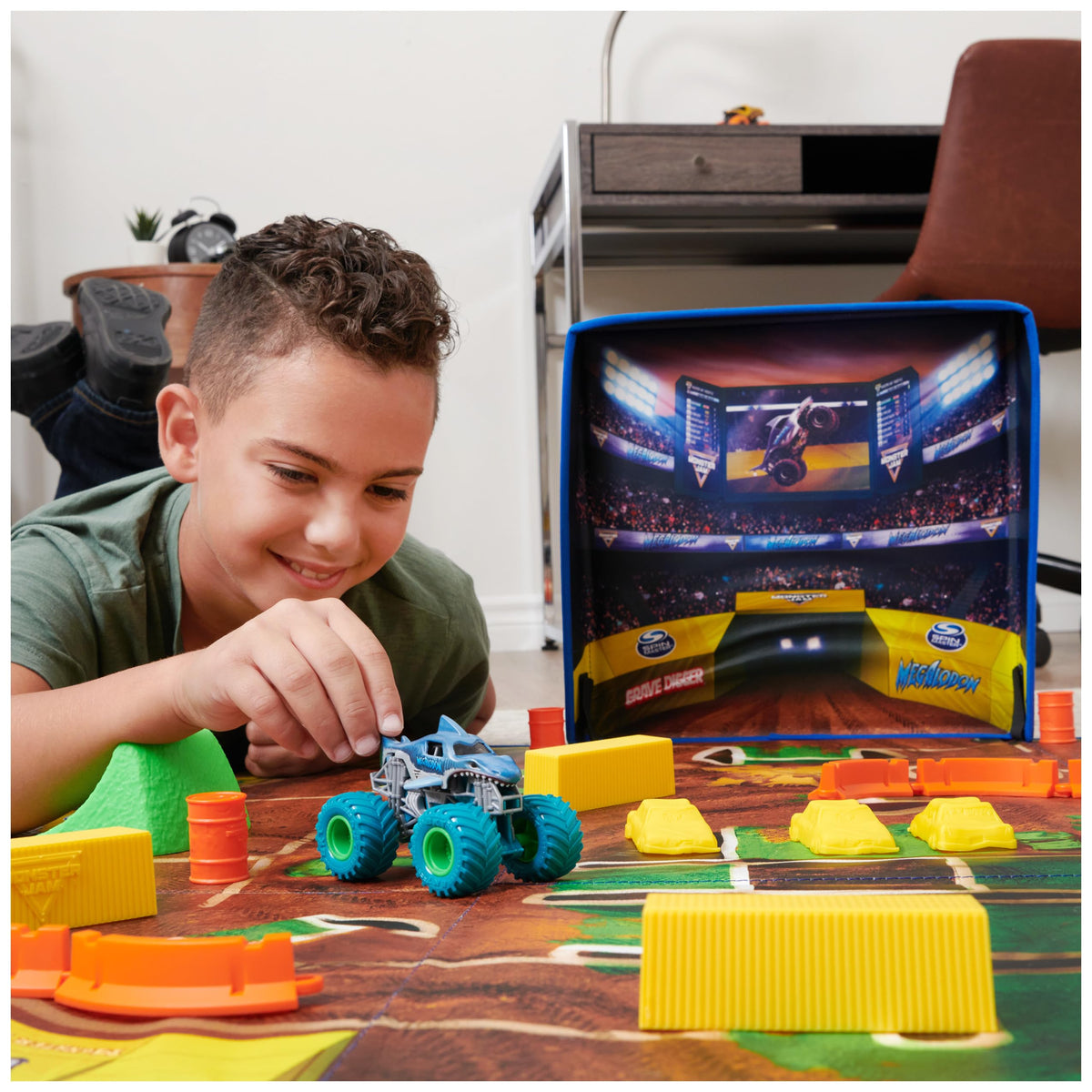 Monster Jam storage box folds neatly, keeping playset ready.