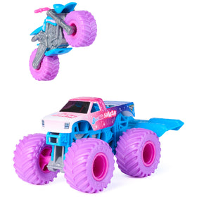 Monster Jam 1:64 chassis and stylized rims contribute authentic action.