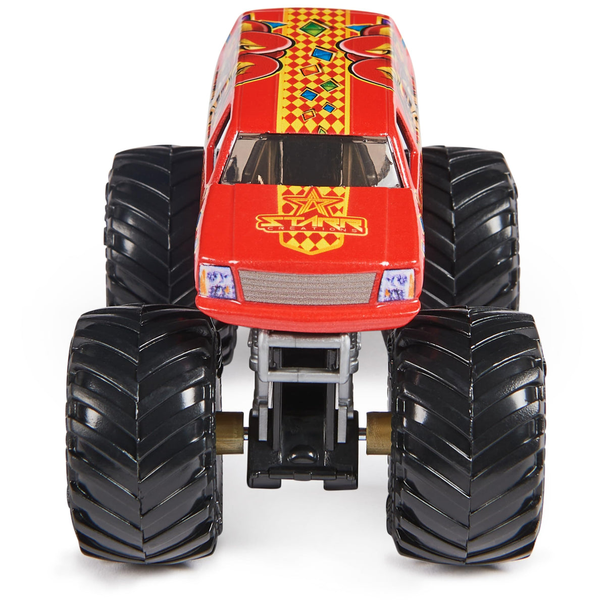 Monster Jam stylized rims close-up adds to the trucks collectible appeal.