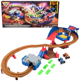 Monster Jam Supercharge Speedway playset with glowing lights for high-energy racing