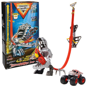 Monster Jam ThunderROARus Drop Playset mounted on the wall for safe, dramatic action.